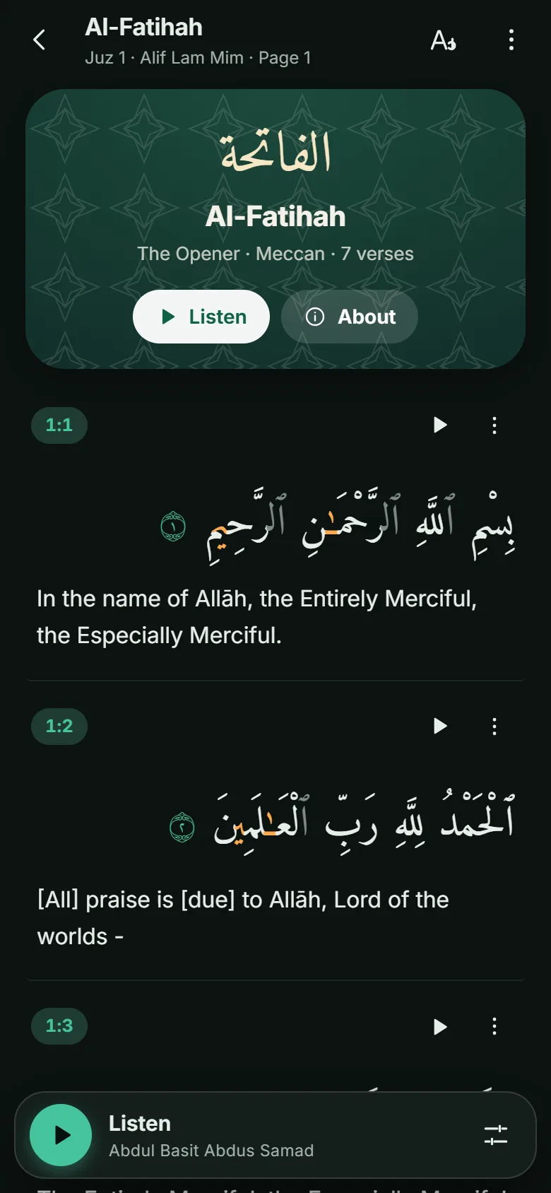 Al-Fatihah in the reader with tajweed colours and an English translation